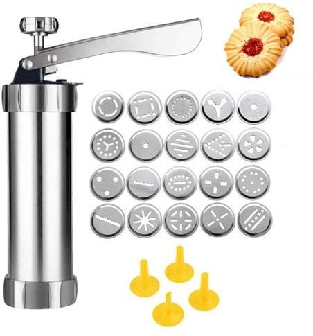 Povanjer Plätzchenpresse zum Backen - Edelstahl Cookie Press Kit mit 20 Scheiben und 4 Spritztüllen für Maker und Dekoration, Perfekt für Cookie Maker und Kuchenglasur