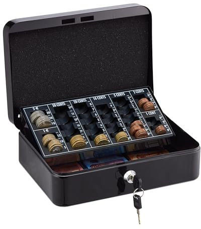 Relaxdays Geldkassette, abschließbar, Eisen, Münzzählbrett, Kleingeld & Scheine, HxBxT: 9 x 25 x 18 cm, Kassa, schwarz