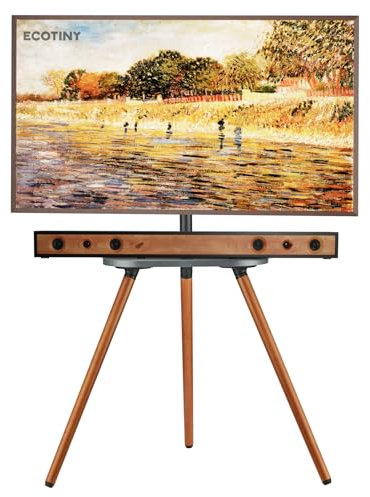 ECOTINY Caballete de TV para pantalla LCD LED OLED de 43 a 65 pulgadas, hasta 35 kg, altura regulable y orientable, soporte portátil de madera con bandeja, máx. VESA 400 x 400 mm