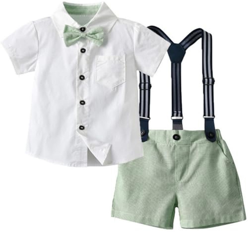 Yaopelky Bambino Completi estivi da gentiluomo Camicia a maniche corte con papillon Pantaloncini con bretelle Tuta 1-8 anni (Verde, 5-6 anni)