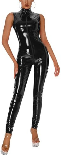 Maeau Catsuit für Damen, schwarzer Leder-Overall, Lackleder, Bodysuit, Wet-Look, Nachtclub, Kleider, roter Turnanzug, Dessous, Damen-Spitzenstrümpfe für Poledance-Party, Schwarz , 42
