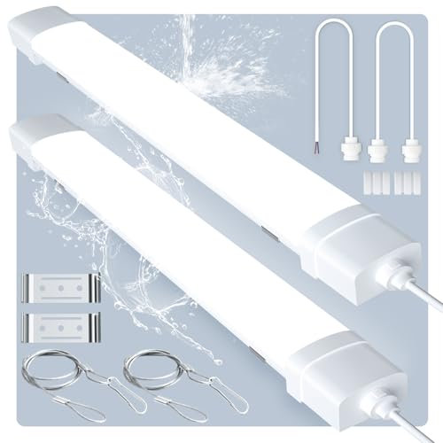 papasbox 2 Stück LED Feuchtraumleuchte 90cm | Leuchtstoffröhre 30W Röhre LED Werkstatt Deckenleuchte Lampe | 6500K Kaltweiß IP65 Wasserdicht Leuchtstofflampe für Keller Werkstatt Garage Küche
