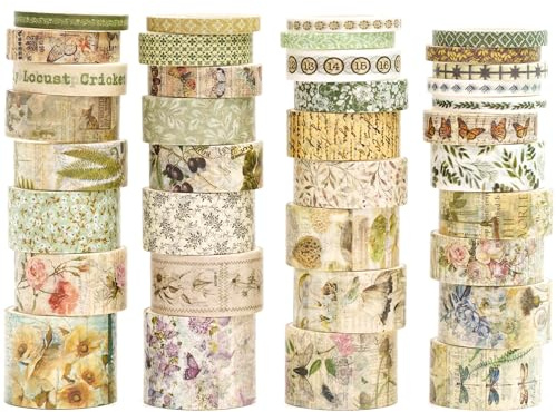 Songdao 36 rouleaux Washi Tape Set, Ruban Vintage Adhésif Décoratif Œuvre d’art inspirée Feuille d’or Masking Tapes pour Arts, Bullet Journal, Scrapbooking, Bricolage, Emballage (Forest Praise)