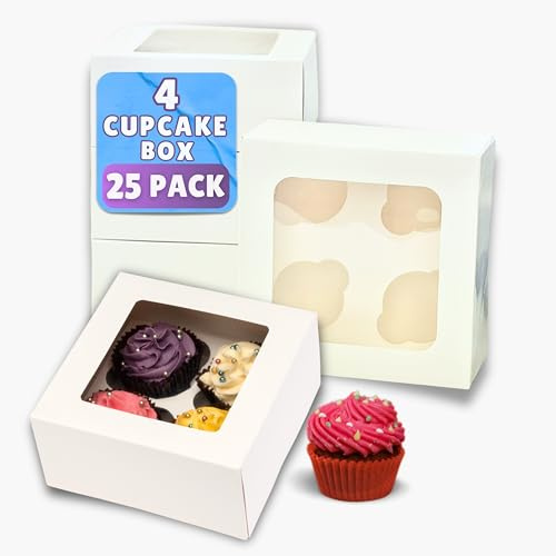 PACK N TRADE 25 Pcs cupcake boxes 4 hole - Removable Inserts Deep muffin boxes – White cake box (17 x 17 x 7.5 cm) with Clear Window - Ideal for Muffins, Cupcakes