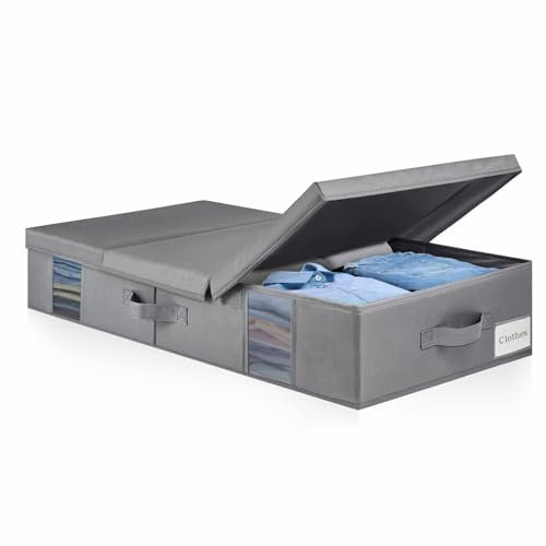 BOSNONA Under Bed Storage Box with Lid Foldable Underbed Boxes with Visual Window Reinforced Handles Under Bed Clothes Storage for Blankets Duvets Pillows Bedding Storage (Grey, 1 Pack)