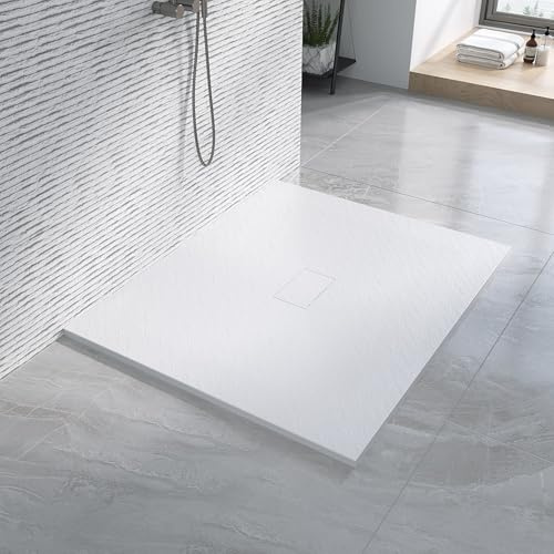 Duschtasse 120x100 cm ebenerdig Steinoptik weiß Anti-Rutsch Zuschneidbar ohne Siphon und Ablaufgarnitur