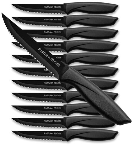 Ruffulon Profi Steakmesser Set 12-teilig,Hochwertige Steakbesteck,Messerset mit Wellenschliff,Extra Scharfe Klinge,Küchenmesser Set,Ergonomischer Polypropylen-Griff,Edelstahl Steak Messer Set,Schwarz