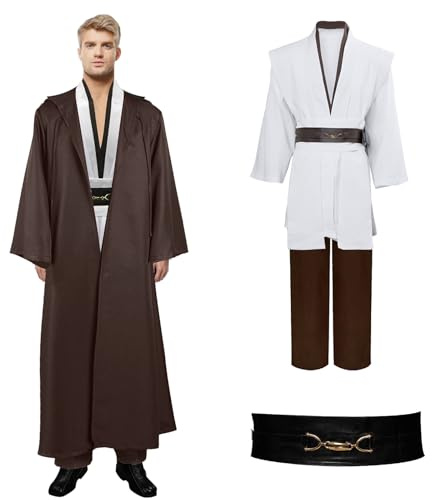 Moiuguli Jedi Kostüm für Herren, Obi Wan Kenobi Jedi Robe Tunika Kapuzenmantel Outfit Umhang mit Kapuze, 7-teilig Mittelalterlich Karneval Halloween Cosplay Ritter Kostüm Requisiten Set