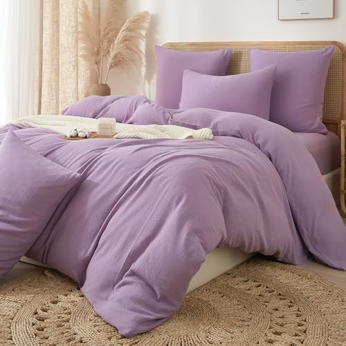 DXHOME Ropa de cama de 135 x 200 cm, muselina de algodón, color lila, suave, acogedora, para verano, 100% algodón, suave y transpirable, funda nórdica con cremallera + 1 funda de almohada de 80 x 80