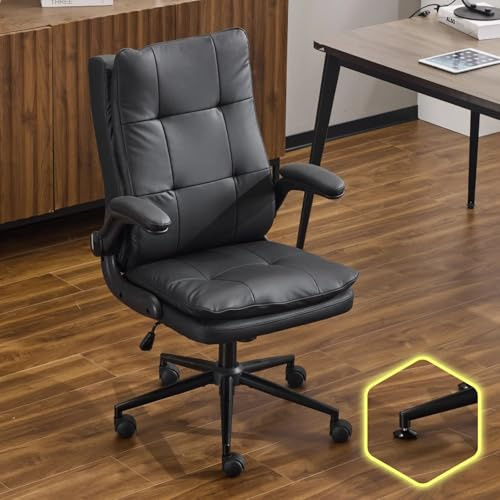 VINGLI Comfy Black Leather Office Desk Chair,Ergonomic High-Back Support Computer Gaming Chair with/No Wheels,Dual-Base,Adjustable Height,Flip-Up Arms,360° Swivel Rolling Task Chair for Home Office