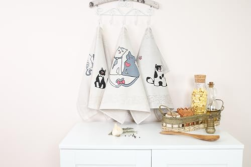 textile idea - Set mit 3 Geschirrtücher Halbleinen 46x60 cm, Küchentücher, Kleine Handtücher 60% Leinen, 40% Baumwolle, Handtuch mit Aufhänger - Katzen, 3 STK.