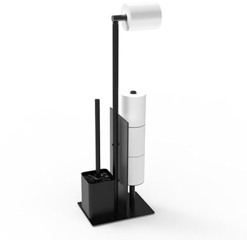 YUET Toilet Roll Holder Free Standing, Stainless Steel Freestanding Toilet Paper Holder with Glass Baffle, Matte Black Toilet Roll Holder and Brush for Bathroom
