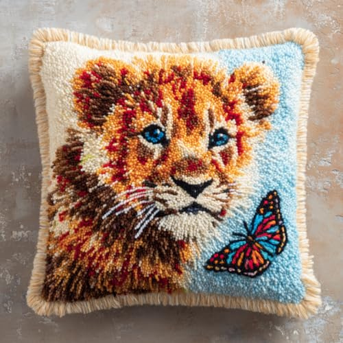 animal Kit de Coussin avec Crochet à Loquet,Lion et papillon,Kit Coussin au Point Noué,création de Tapis et Canvas,Tapis Point Noué,43x43cm