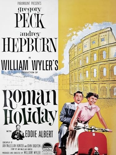 KUSTOM ART Poster Decorativo da Parete Serie Locandine Film Celebri Roman Holiday Vacanze Romane Gregory Peck Audrey Hepburn Stampa su Cartoncino 40x30cm Senza Cornice