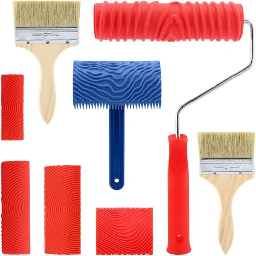 Aboiled 8 Pieces Wood Paint Tool Set, Texture Roller, Graining Rocker, Paint Brushes, for Wall, Floor, DIY Room Decoration