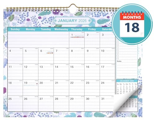 JIANTA Väggkalender 2026, 18 månaders skrivbordskalender, familjekalender med årlig planering, januari 2026 - juni 2027, 38,5 x 29,5 cm, blommönster + klistermärken