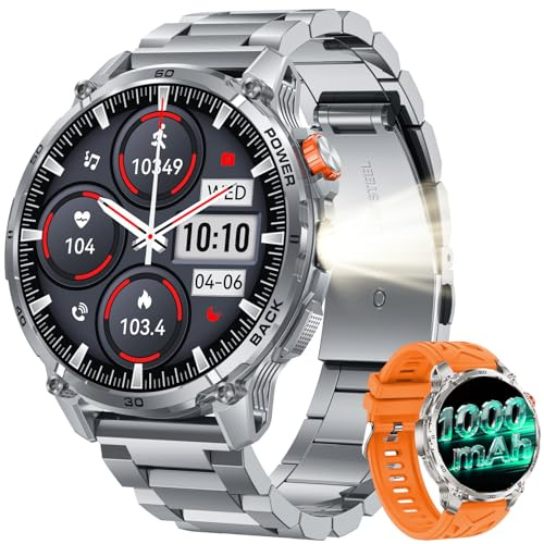 Smartwatch Herren mit Telefonfunktion Outdoor Sportuhr: 1,85''HD Smart Watch mit Herzfrequenz Schlafmonitor Blutdruck Schrittzähler Fitnessuhr mit 1000mAH Akku LED Taschenlampe Kompatibel iOS Android