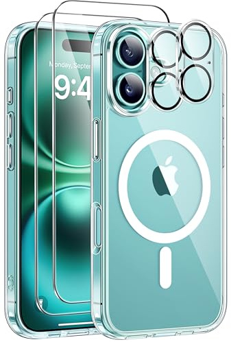 ivencase Magnetic for iPhone 16 Case with 2 Pack Screen Protector and 2 Pack Camera Lens Protector, Compatible with MagSafe, Shockproof Protective Clear Back Phone Case for iPhone 16 6.1 Inch -Clear