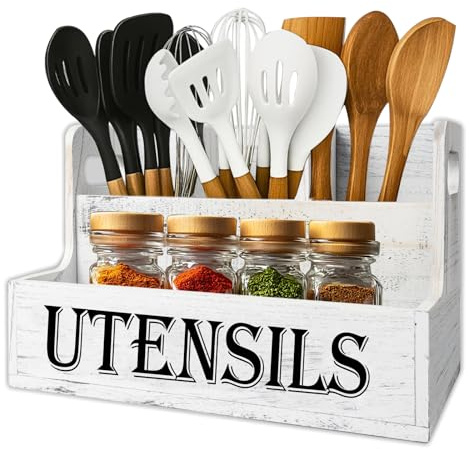 Ruaizel Portautensili da cucina a 2 ripiani con 3 scomparti, organizer per utensili da cucina in legno bianco, per piano di lavoro della, decorazione della cacina rustica