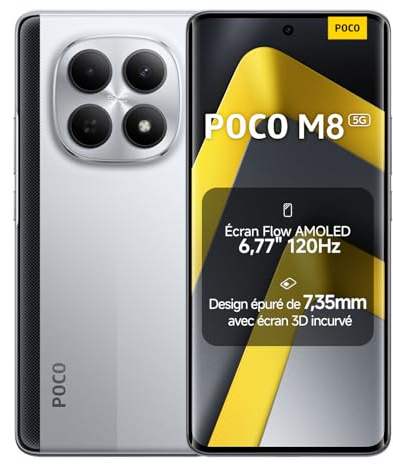 XIAOMI POCO M8 5G - Smartphone de 8+512GB, Pantalla de 6,77 120Hz Flow AMOLED, Snapdragon 6 Gen 3, cámara Dual de 50MP IA, Carga Turbo de 45W, Cargador no Incluido, Plata (Versión ES)