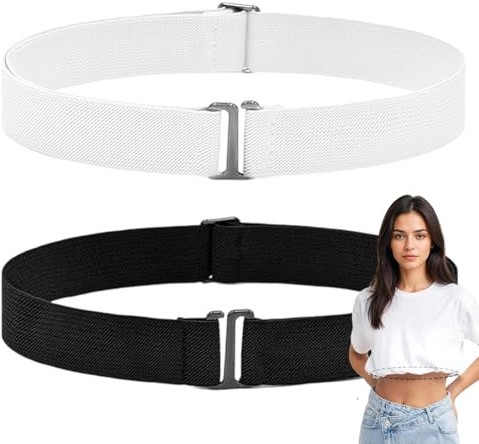 SNBUHA 2 Piezas Cinta Ajustable para Camisas, Cinturón Elástico de Camisa con Hebilla Plana, Cinturón Invisible para Mujer Hombre Jeans Pantalones Vestidos, Blanco y Negro