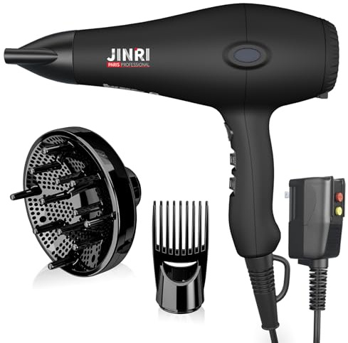 Hair Dryer - JINRI 1875W Diffuser Blow Dryer for Salon & Personal Use – Powerful, Fast Drying with Diffuser & Nozzle and Comb for Women & Men, ALCI Safety Plug, Black-Blue