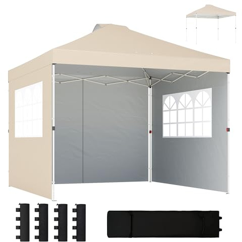 Outsunny Trädgårdspaviljong 3 x 3 m pop up hopfällbart tält vattentätt höjdjusterbart UV50+ skydd hopfällbar paviljong med 3 sidoväggar sandväskor bärväska med hjul kräm