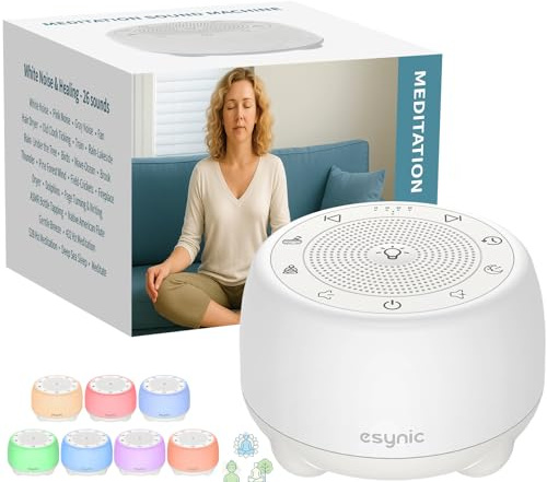 eSynic Machine à Bruit Blanc 38 Sons Apaisants Bol Chantant Tibétain | 8 Sons de Bol Chantant, Veilleuse et Lumières Colorées, Volume Luminosité Réglable, Mémoire Minuterie, Yoga Gestion du Stress