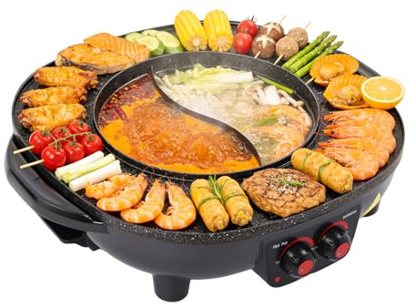 42 cm, combinación 2 en 1 para barbacoa y hotpot | olla eléctrica multiusos | regulación independiente de la temperatura para cocinar flexible | ideal para celebraciones familiares, fiestas y cenas