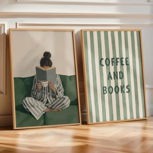 2er Poster Set, Grün Kaffee und Bücher Leinwanddrucke, Minimalist ästhetisches Wandbilder, Frau liest Buch und trinkt Kaffee Wandposter for Wohnzimmer Schlafzimmer Büro, Ohne Rahmen (21x30cm)