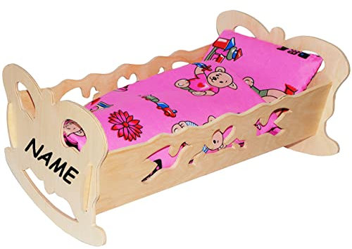 alles-meine.de GmbH Set: Puppenwiege/Puppenbett - Schmetterling - Mädchen Farben - incl. Name - aus Naturholz - für Puppen - incl. Bettzeug - Decke & Kopfkissen - Holz Wieg..