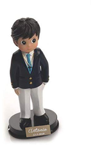 Figura de comunión niño para tarta con chaqueta. Personalizada con placa grabada con nombre y fecha - Recuerdo para comunión personalizado