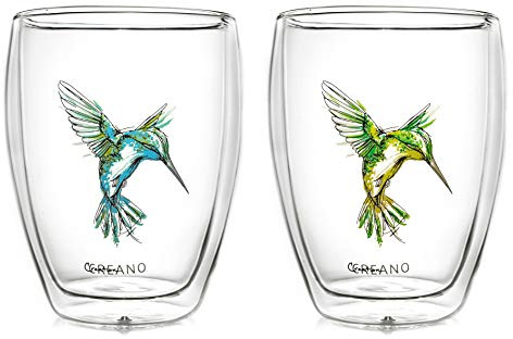 Creano doppelwandige Tee-Gläser, Cappuccino-Glas, Thermoglas Hummi im Kolibri Design, 2er Set, 250 ml in exklusiver Geschenkbox, blau/grün