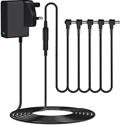 9V Guitar Pedal Power Supply DC 5 Way Daisy Chain Charger Compatible With Behringer, JOYO, Donner, BOSS, Sonicake, MXR, TC Electroneic, Zoom Effects Pedals Adapter Tip Negative 1.5m Cable (UKCA/Light)