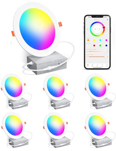 Smart Recessed Lighting 4 Inch RGBCW Color Changing 12W LED Recessed Ceiling Lights with Junction Box,1080LM Canless Downlight Compatible with Alexa,Dimmable by Bluetooth Control (6 Pack)