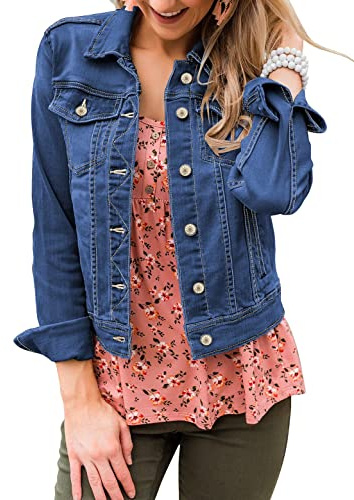 Roskiky Veste en jean, extensible, style camionneur, à manches longues, avec poche, pour femme, L