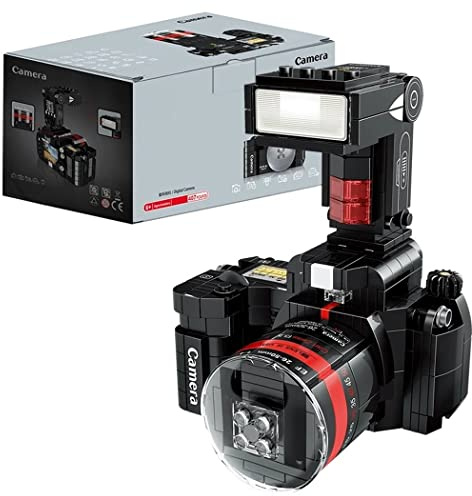 Figura para armar con bloques pequeños. Reproducción de cámara fotográfica réflex digital con flash y teleobjetivo