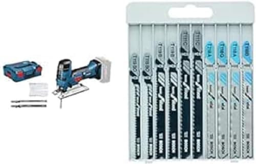 Bosch Professional Scie Sauteuse sans-fil GST 18 V-LI S (Profondeur de Coupe Bois/Alu/Métal : 120/20/8 mm, sans Batterie/Chargeur) + 10 pièces Jeu de lames de scie sauteuse (bois et métal)