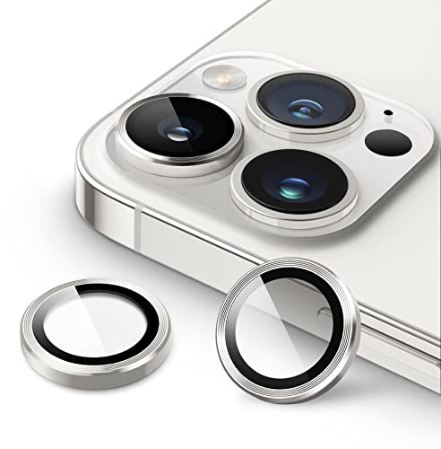 JETech Camera Lens Protector for iPhone 14 Pro/14 Pro Max, Silver, 1 Set | 9H Tempered Glass, Metal Individual Ring Cover, HD Clear