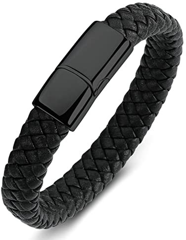 KnSam Armreif für Herren, Armreifen Herren Leder Gewebt Bettelarmband Edelstahl Handhandgelenk Kette Schwarz mit Magnet Verschluss, Länge 20CM Männer Geschenke