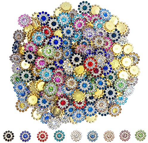 Strass-Knöpfe, 14 mm, Verzierungen – Blume, flache Rückseite, Glas, mehrfarbig, Knöpfe zum Basteln, 200 Stück