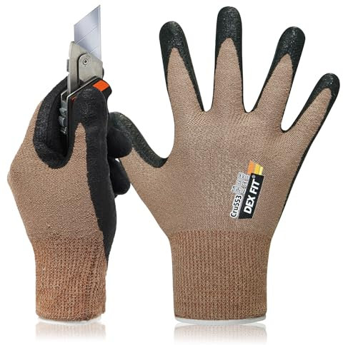 DEX FIT Level 5 Schnittschutzhandschuhe Cru553; 3D-Komfort-Passform, Fester Griff, Dünn und Leicht, Touchscreen-Kompatibel, Langlebig, Atmungsaktiv und Kühl, Waschbar; Prime Braun XL (10) 1 Paar