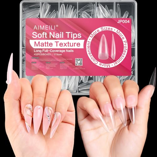 AIMEILI 432 Stück Fake Nails Transparent 12 Größen Künstliche Nägel Zum Aufkleben Acryl UV Gel Nagelspitzen Nail Art Falsche Nägel mit Box - Long Stiletto | Soft Gel Nail Tips Full Cover, Fake Nails, Nagelverlängerung Tips, Nageltips für Gelnägel, Home Nagelstudio DIY Nail Art