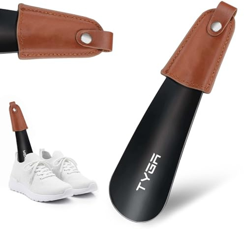 TYGA Metal Shoe Horn, 17 cm, Leather Handle, Hook Design, Black, Pack of 1