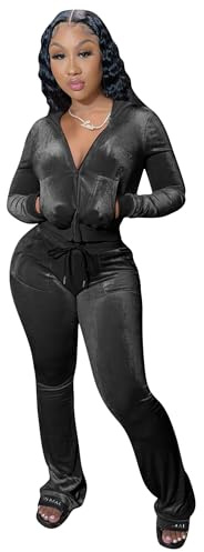Womens 2 Piece Velour Hoodie Jogger Tracksuit Two Piece Outfits for Women, Long Sleeve Full-Zip Up Velvet Crop Tops Jacket Flared Pants Fall Lounge Matching Sets Sportswear Jogging Sweatsuit Pockets