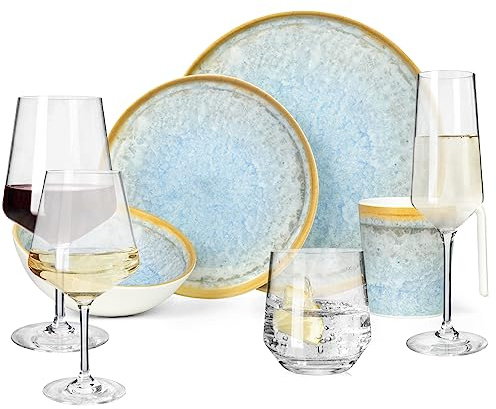 Melamin Camping Geschirr Set 4 Personen Crystal Blue + 16 Milano Gläser Wassergläser Weingläser Champagner-Gläser Flûtes Tafelgeschirr Picknick BBQ Kochgeschirr