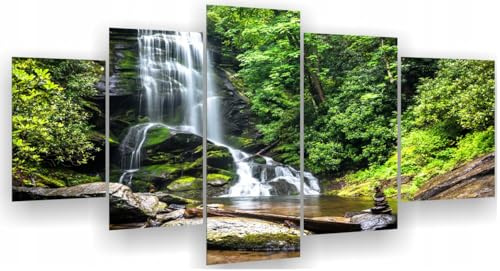 HUBDECO 5-Teiliges Leinwand Bild Wohnzimmer - Bilder, Poster, Kunstdrucke - Leinwandbild - Bild auf Leinwand - Tolle Zimmerdekoration - Schlafzimmer Bilder - 158x90 cm Wald Wasserfall