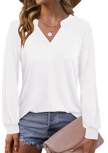 Beluring Langarmshirt Damen Sexy V-Ausschnitt Tshirt Herbst Winter Casual Tunika Bluse Weiß S