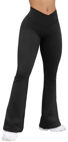 OQQ Women's Flared Pants Ribbed Cross Over High Waist Bell Bottoms Lounge Travel Pants Black