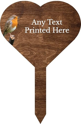1stclassgifts Personalised Any Text Robin Heart Stake Spike Marker Tree Marker Garden Sign (UV PRINTED) (Dark Wood)